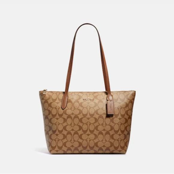NWT $485 COACH  Zip Top Tote In Signature Canvas. Gold/Khaki Saddle 2 - Picture 1 of 4